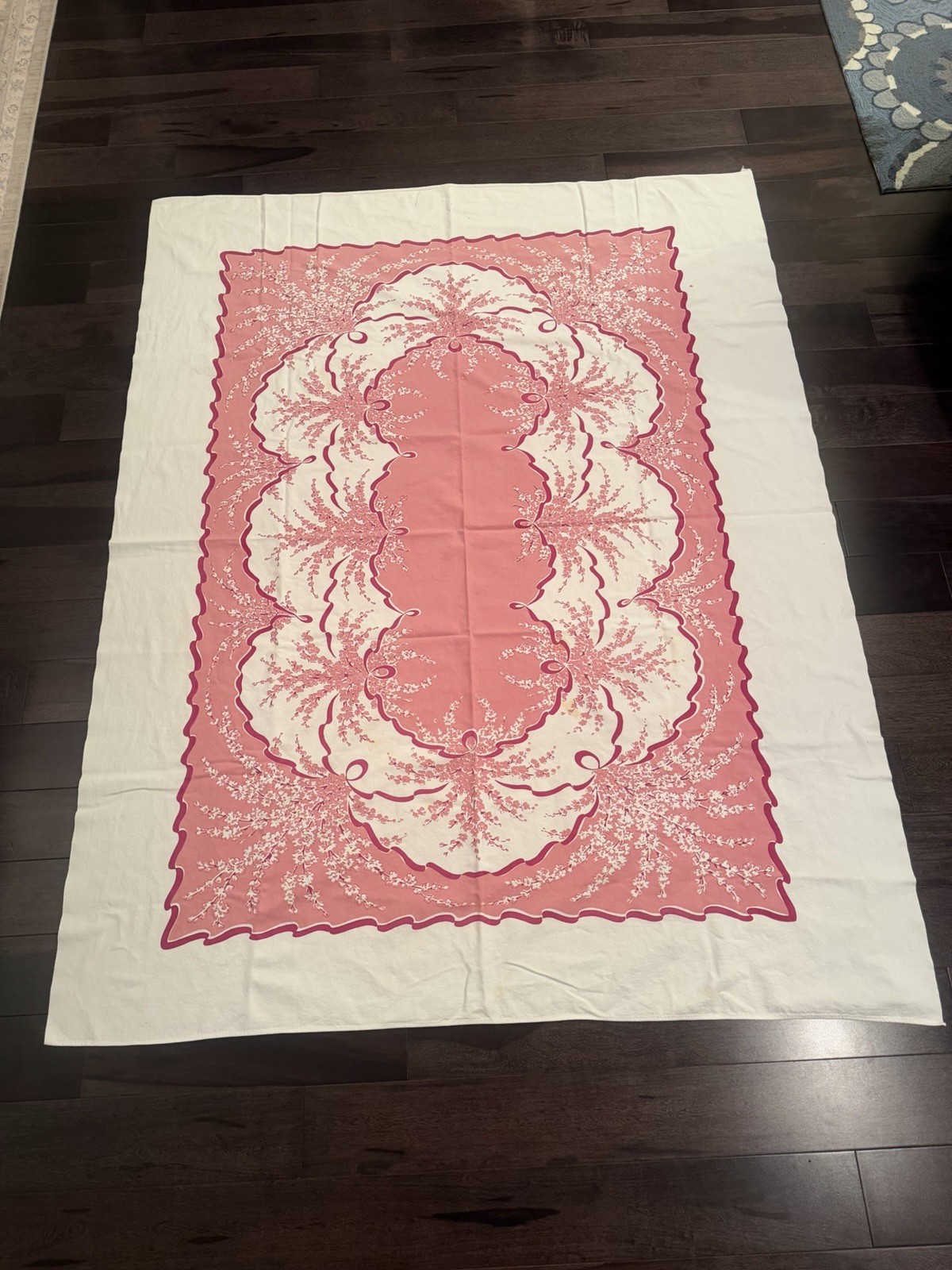 Vintage Printed Pink & White Cotton Tablecloth Floral & Ribbon Design 59.5 X 77”