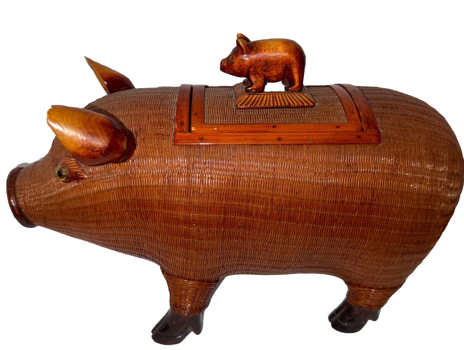Pig Mid Century Chinese Hand Crafted Wood Wicker Pig Sculpture Box Vintage