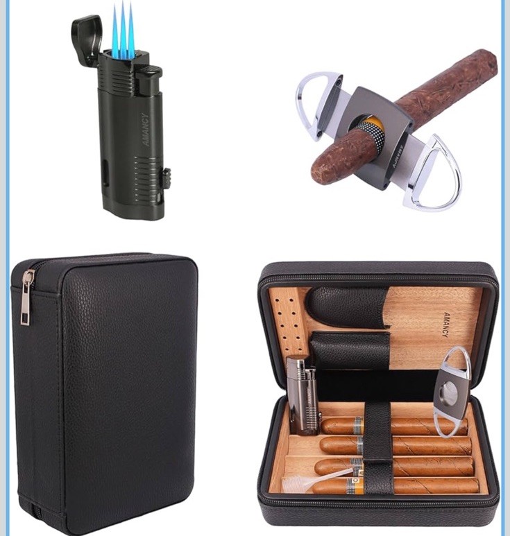 AMANCY Elegant Handmade Black Leather Cedar Wood Lined 4 Cigar Humidor Case