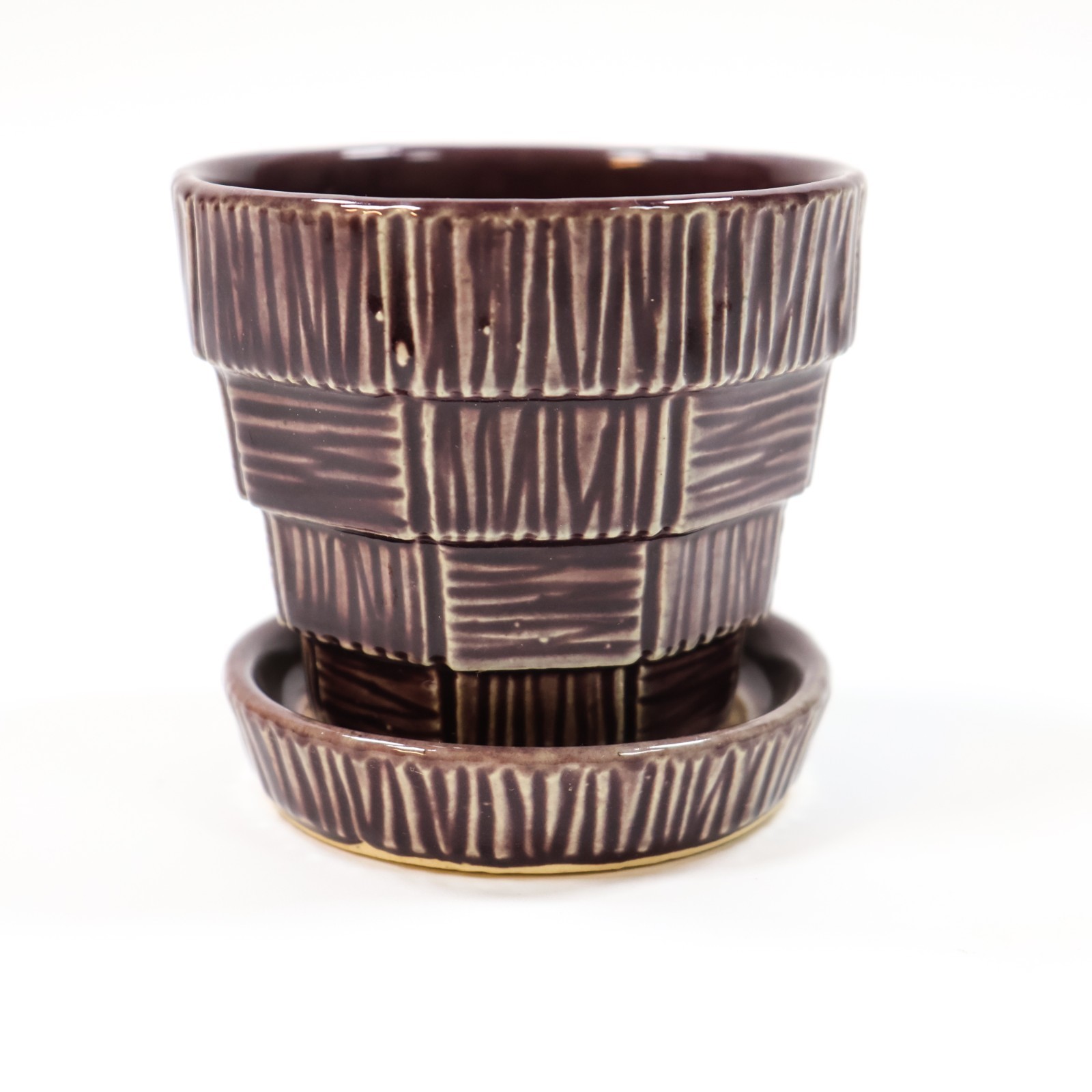 Vintage MCCOY Basketweave Ceramic FLOWER POT PLANTER with Saucer Purple 3in