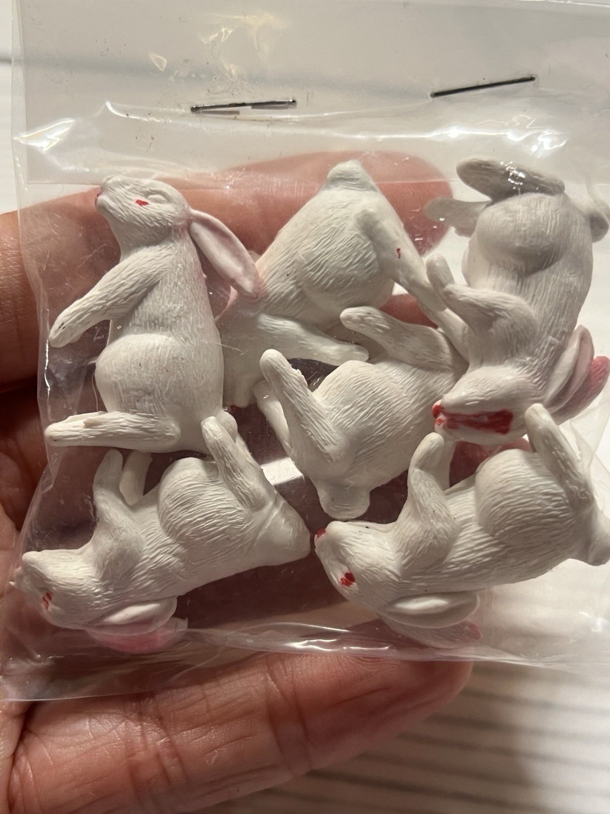 6 Mini Vintage White Hard Plastic Rabbits w/Pink Eyes & Nose Hong Kong, Easter
