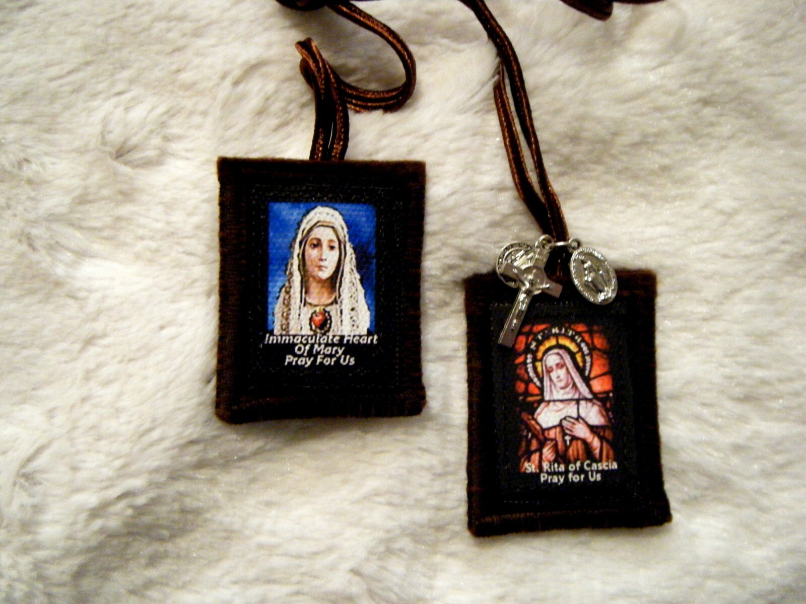 St Rita Of Cascia Immaculate Heart of Mary Brown Scapular 100%Wool Made in USA 