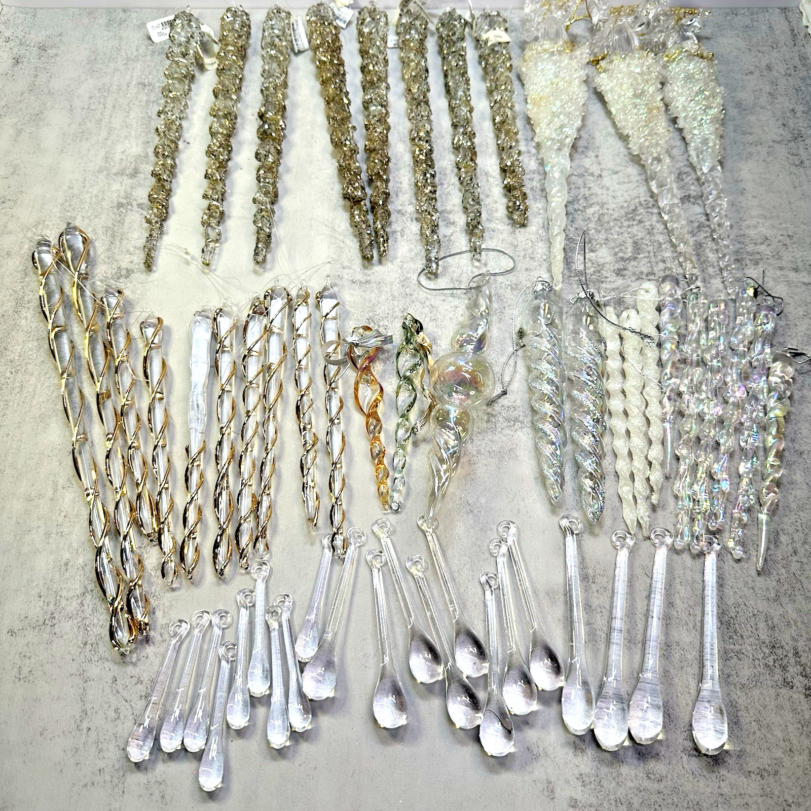 Huge Icicle LOT Glass Crystal Acrylic Ornaments Gold Glitter Accent 56 QTY