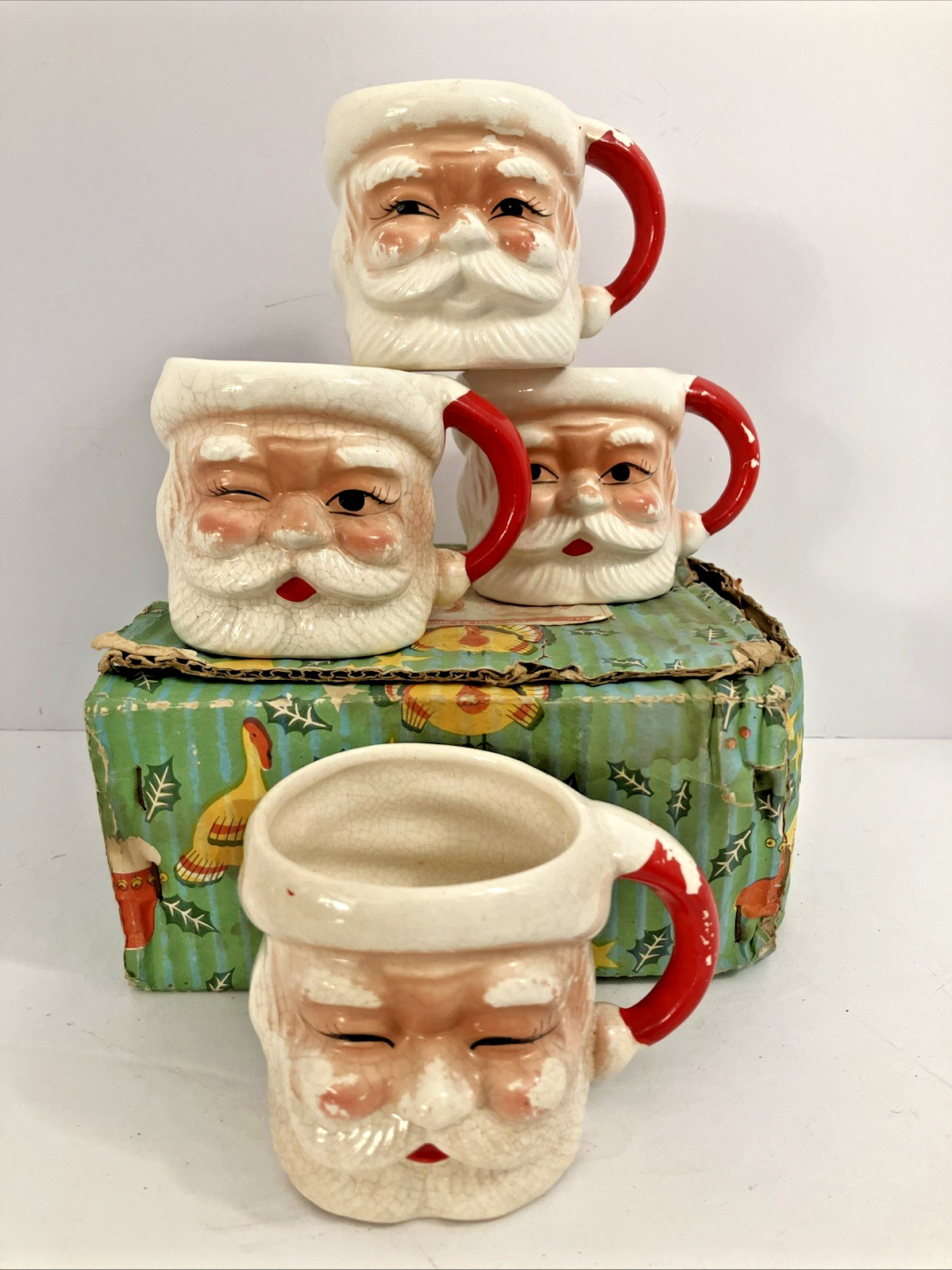 VTG 50/60's Winking Santa Mugs, Set 4 Orig Box Ross Products Japan MCM Christmas VTG 50/60's Winking Santa Mugs, Set 4 Orig Box Ross Products Japan MCM Christmas