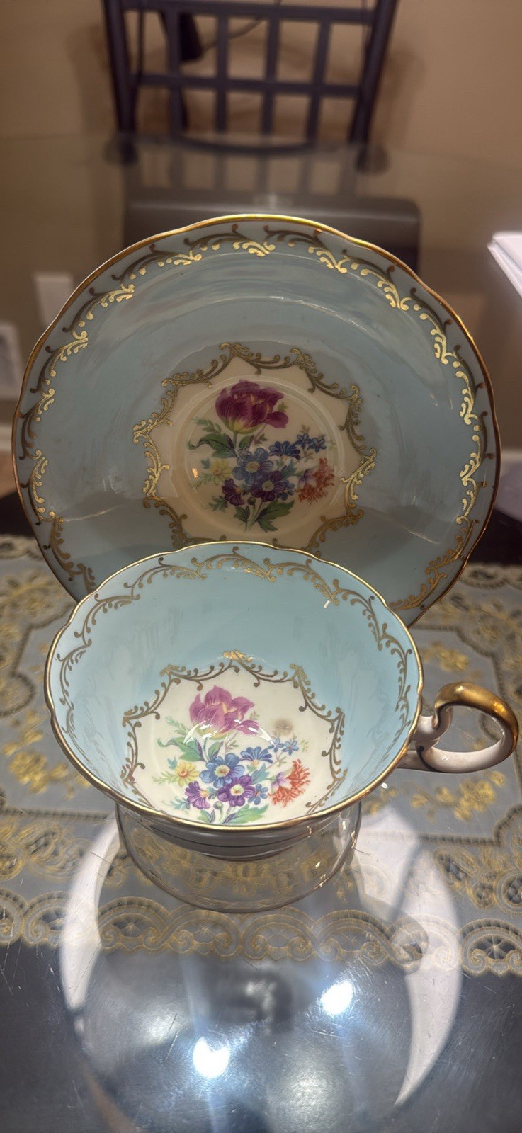 Vintage Aynsley Aqua Blue Fine Bone China Teacup And Saucer Set Made In England