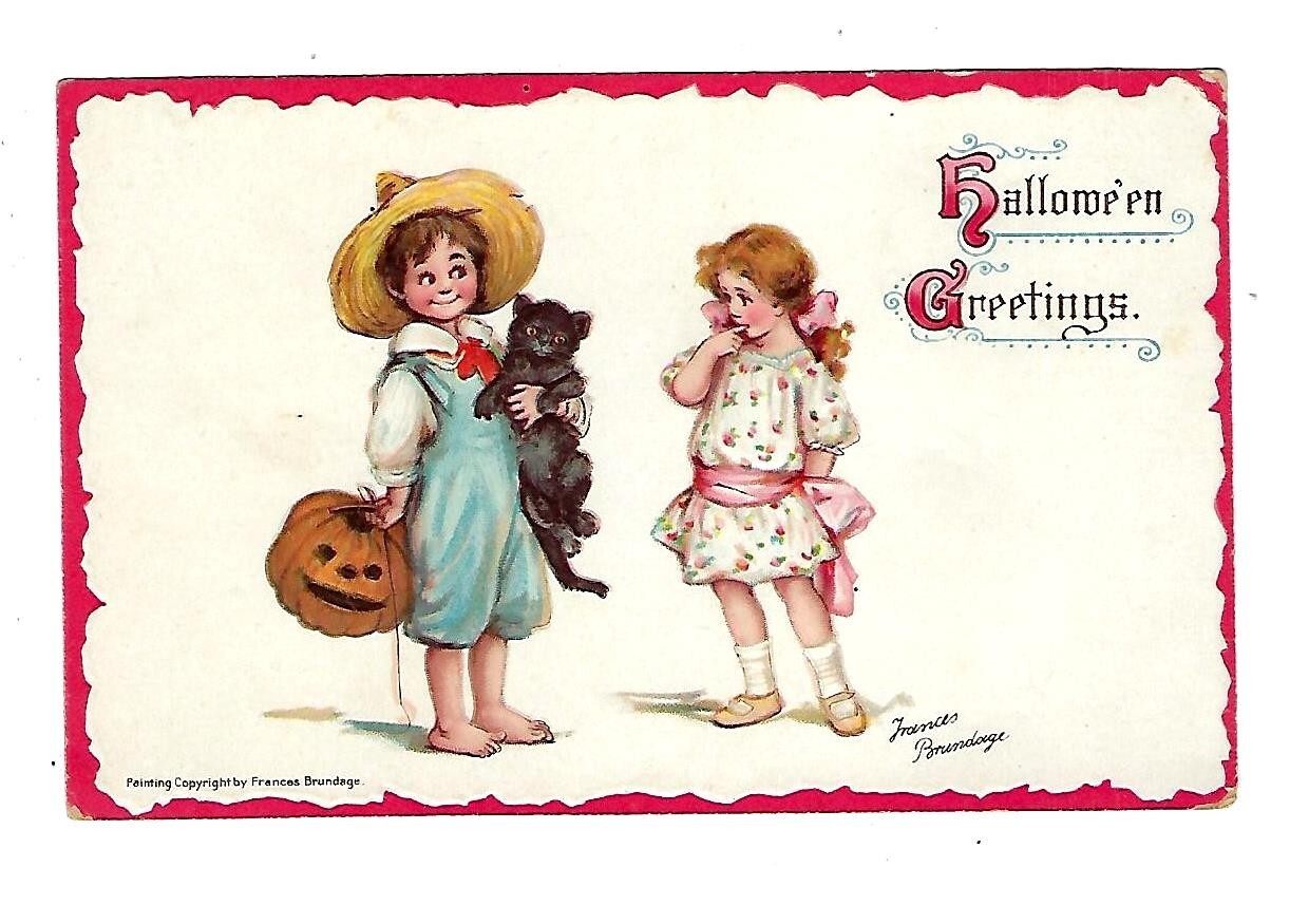 c1916 Singed Brundage #121 Halloween Postcard Young Children,Black Cat