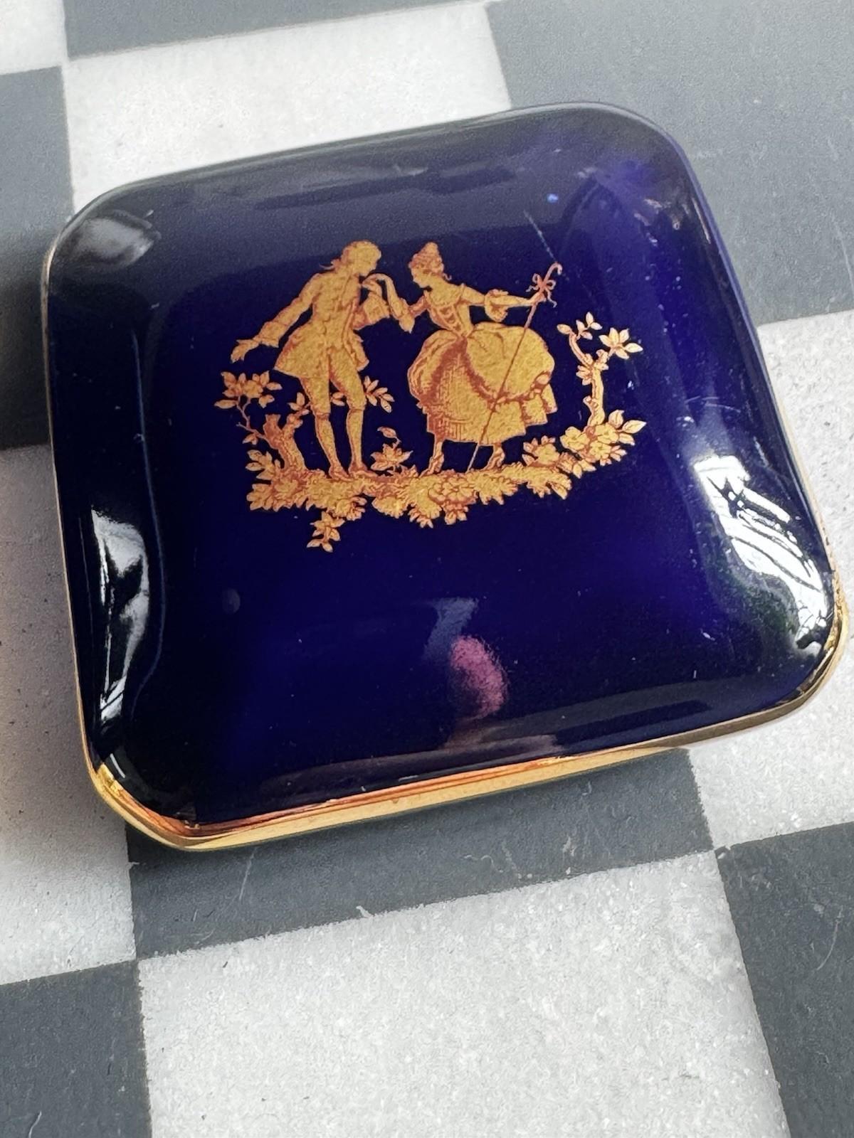 Vintage Limoges France Cobalt Blue Gold Courting Couple Porcelain Trinket Box
