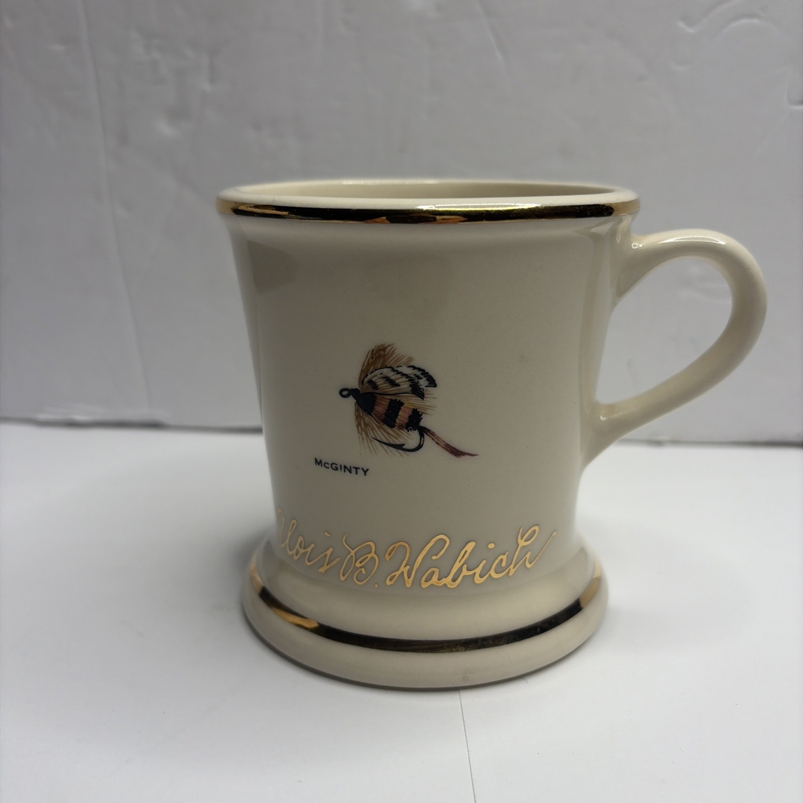 VTG Hyalyn  Fly Fishing Mug (McGinty) Wide Base W/Gold Trimmed Rim & Bast Signed
