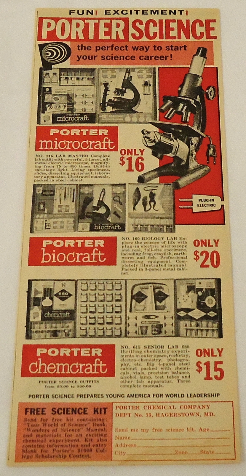 1959 PORTER SCIENCE KITS ad ~ Microcraft, Biocraft, Chemcraft