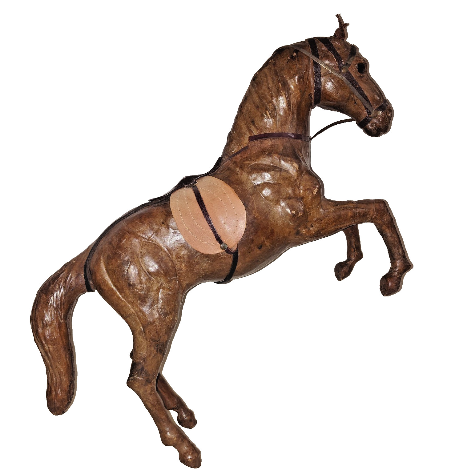 VTG Leather Wrapped Horse Figurine Rearing Statue w/ Saddle Beautiful
