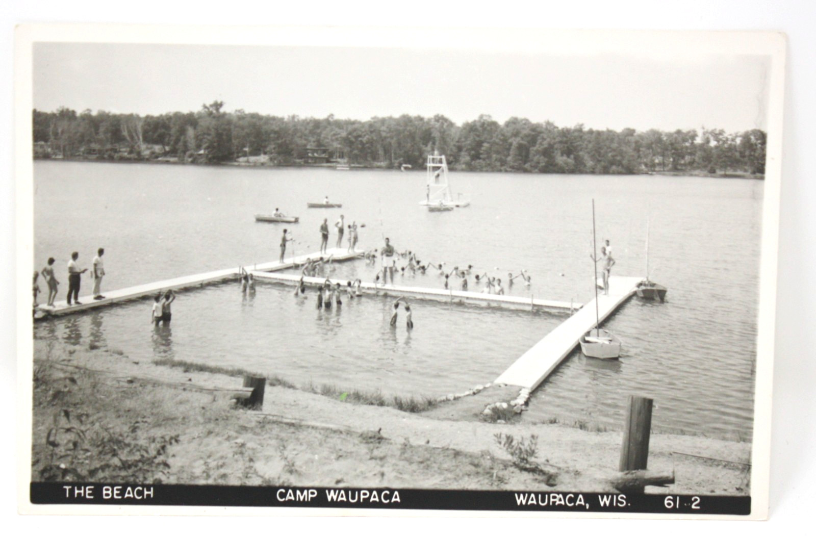Waupaca WI Wisconsin Beach Camp Swimmers Boat Dock Bathers Real Photo Rppc
