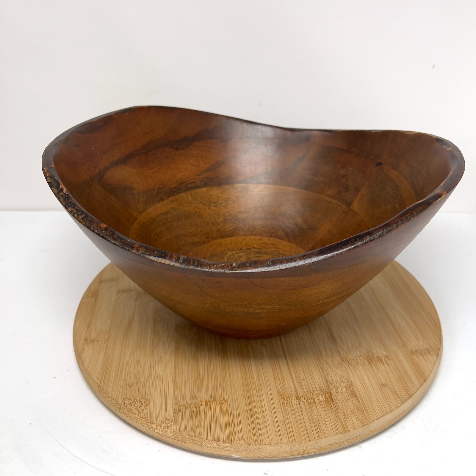VTG Wooden Bowl Waved Rim Banded Display MCM  Farmhouse Rustic Cottage Core
