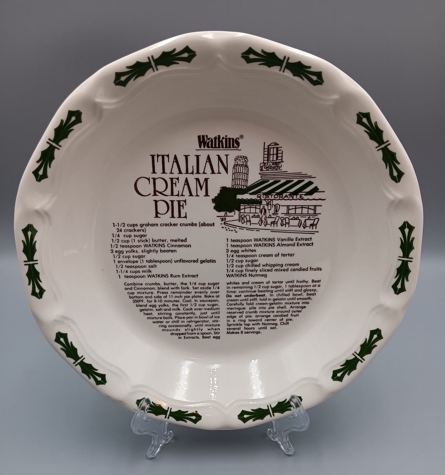 VINTAGE WATKINS ITALIAN CREAM PIE PLATE WITH RECIPE