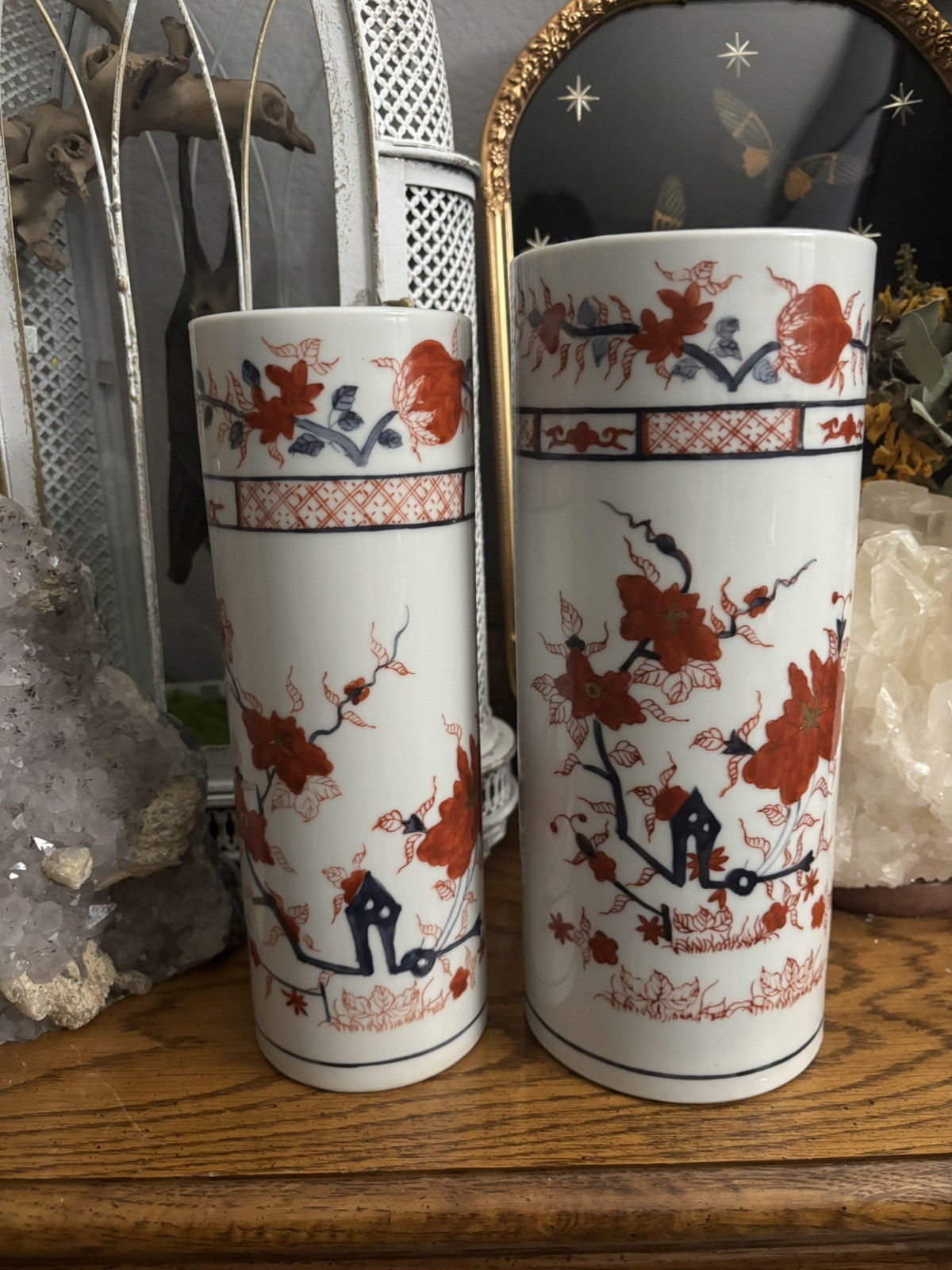 Vintage Robinson's Hand Painted Porcelain Cylinder Vases Pair Brush Pots Decor Vintage Robinson's Hand Painted Porcelain Cylinder Vases Pair Brush Pots Decor