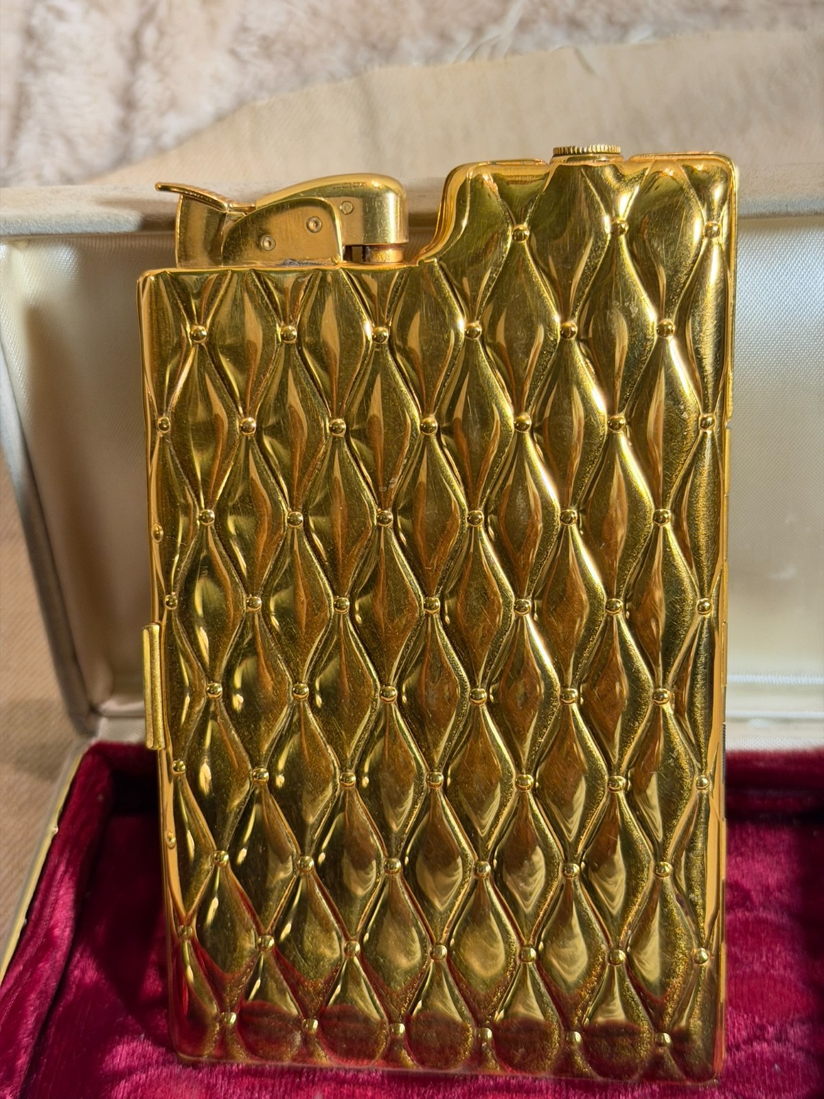 Vintage Evans Gold Tone Cigarette Lighter & Case  w/ Orig. Velvet Lined Box