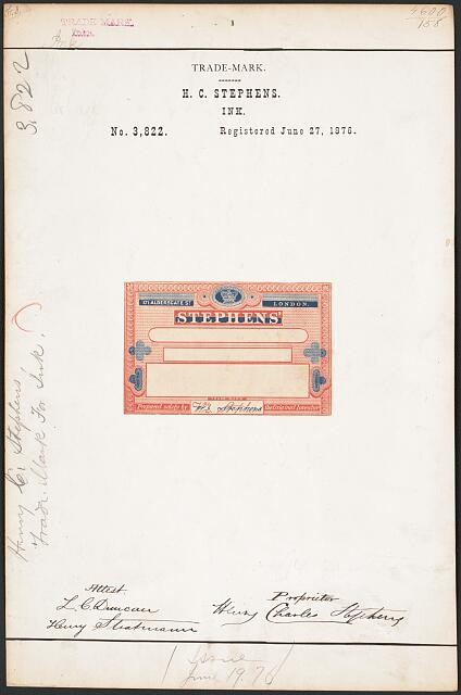 Photo:[Trademark registration by H. C. Stephens for Stephens\' brand Ink]