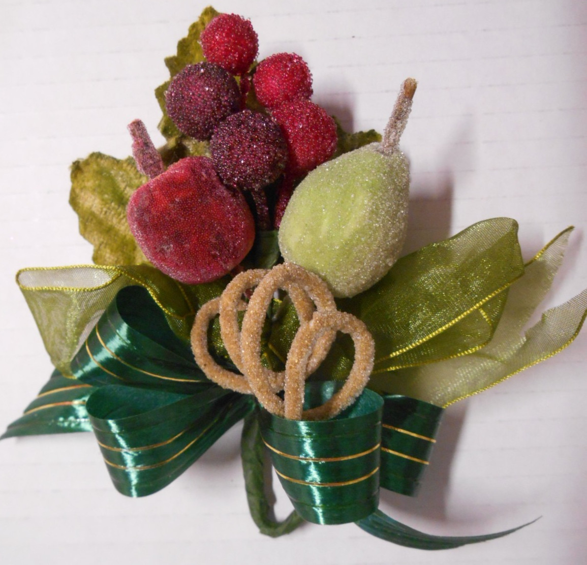 Handmade Vintage Sugared Glass Micro Bead FRUIT Corsage Velvet Leaves Harvest #1
