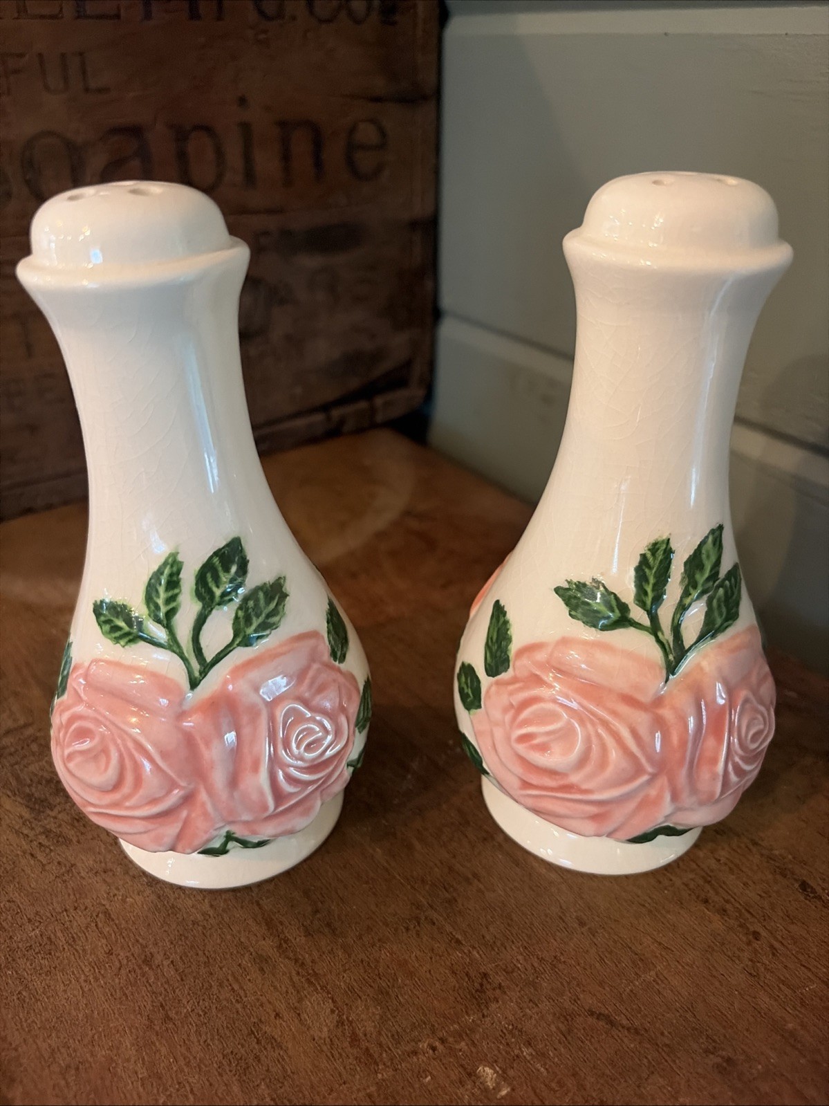 Antique Victorian Era Rose Floral Large Salt & Pepper Shakers Marked HBL Great