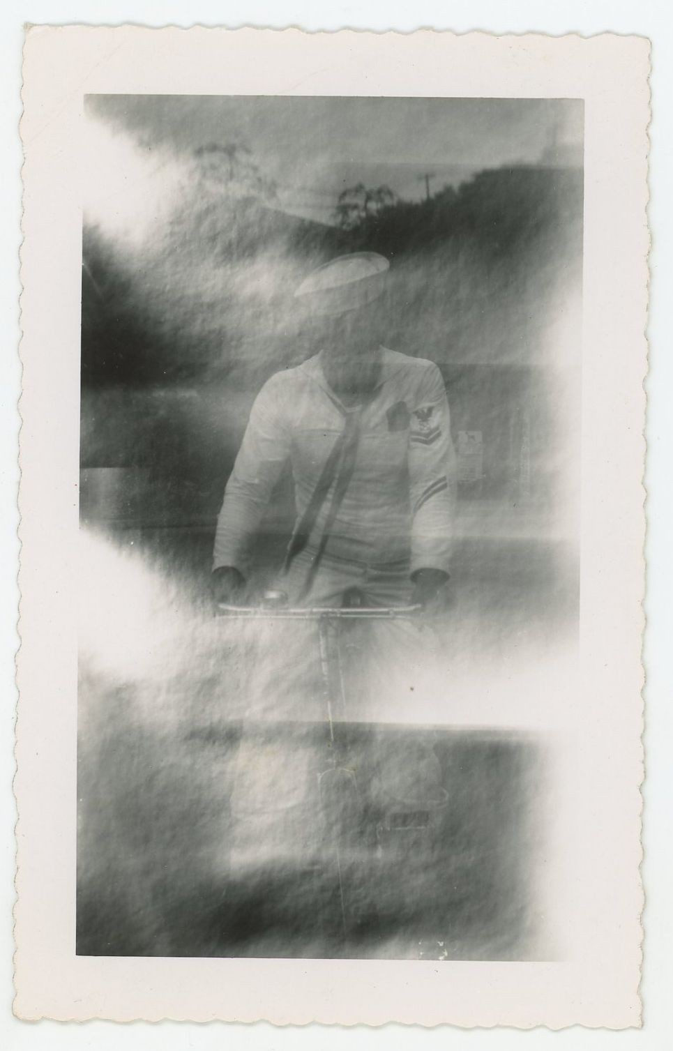 Double Exposure Ghostly Navy Sailor Bicycle Blurry Vintage Photo 1940s Double Exposure Ghostly Navy Sailor Bicycle Blurry Vintage Photo 1940s