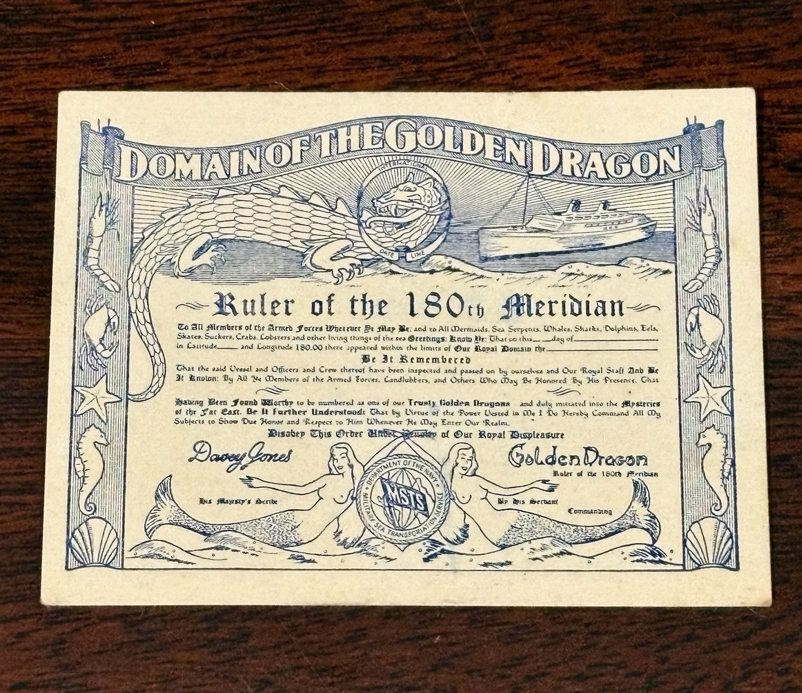 Vintage Domain Of The Golden Dragon Certificate 180th Meridian Nautical Sailors