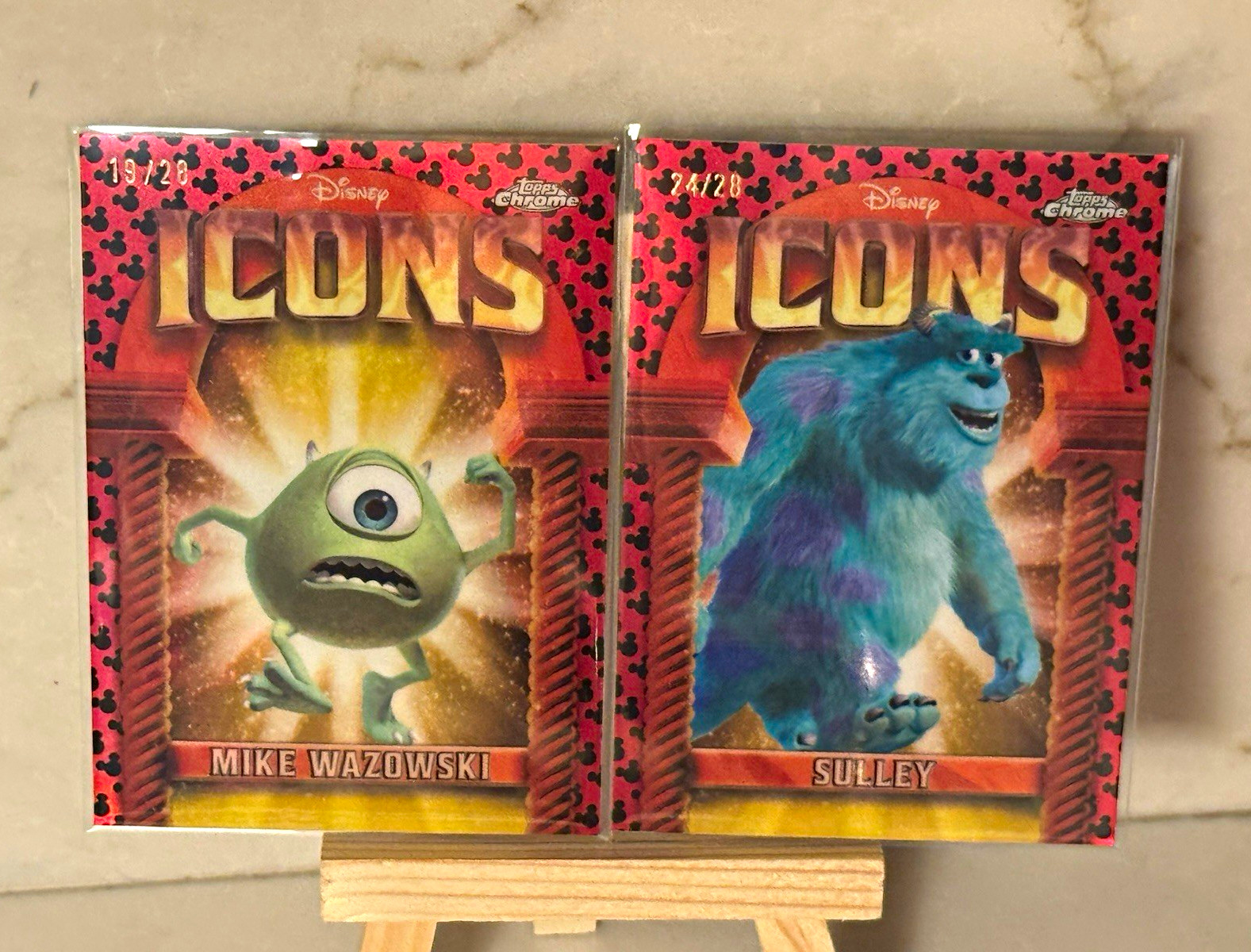 2025 Topps Chrome Disney Icons Mike Wazowski /28 & Sulley /28 Mickey Mouse Logo