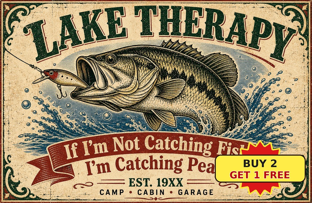 Largemouth Bass Fishing Tin Sign Retro Fisherman Cabin Metal Plaque 8x12