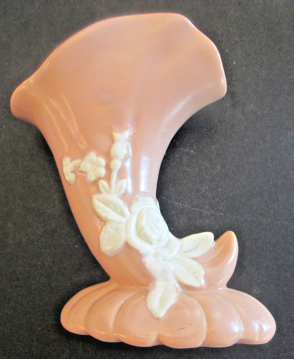 VTG Weller Peach Vase White Cameo Rose Cornucopia Beautiful Marked Pottery VTG Weller Peach Vase White Cameo Rose Cornucopia Beautiful Marked Pottery