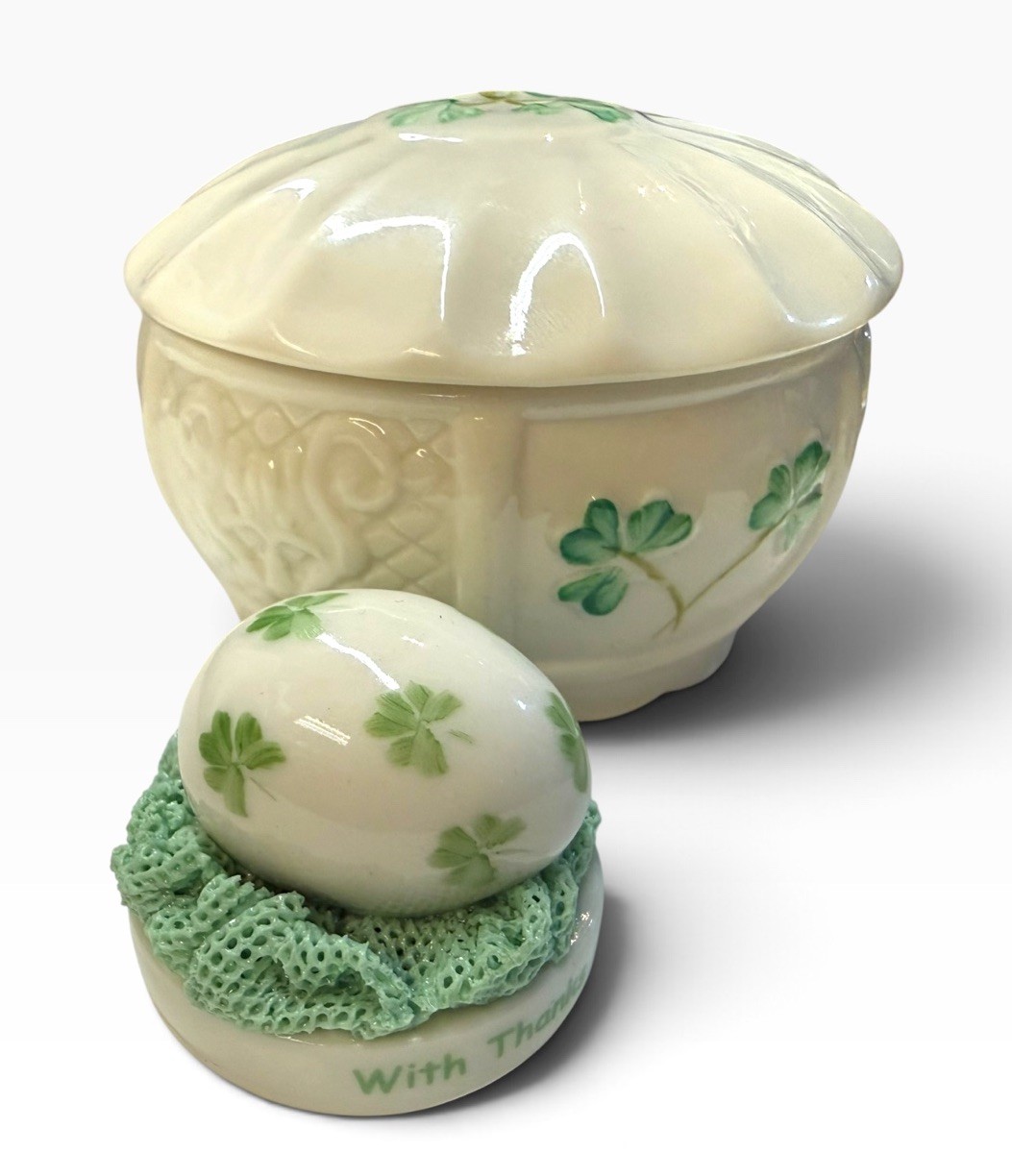 Vintage Belleek Ireland Nadine Porcelain Trinket Box Dresden Egg Figurine