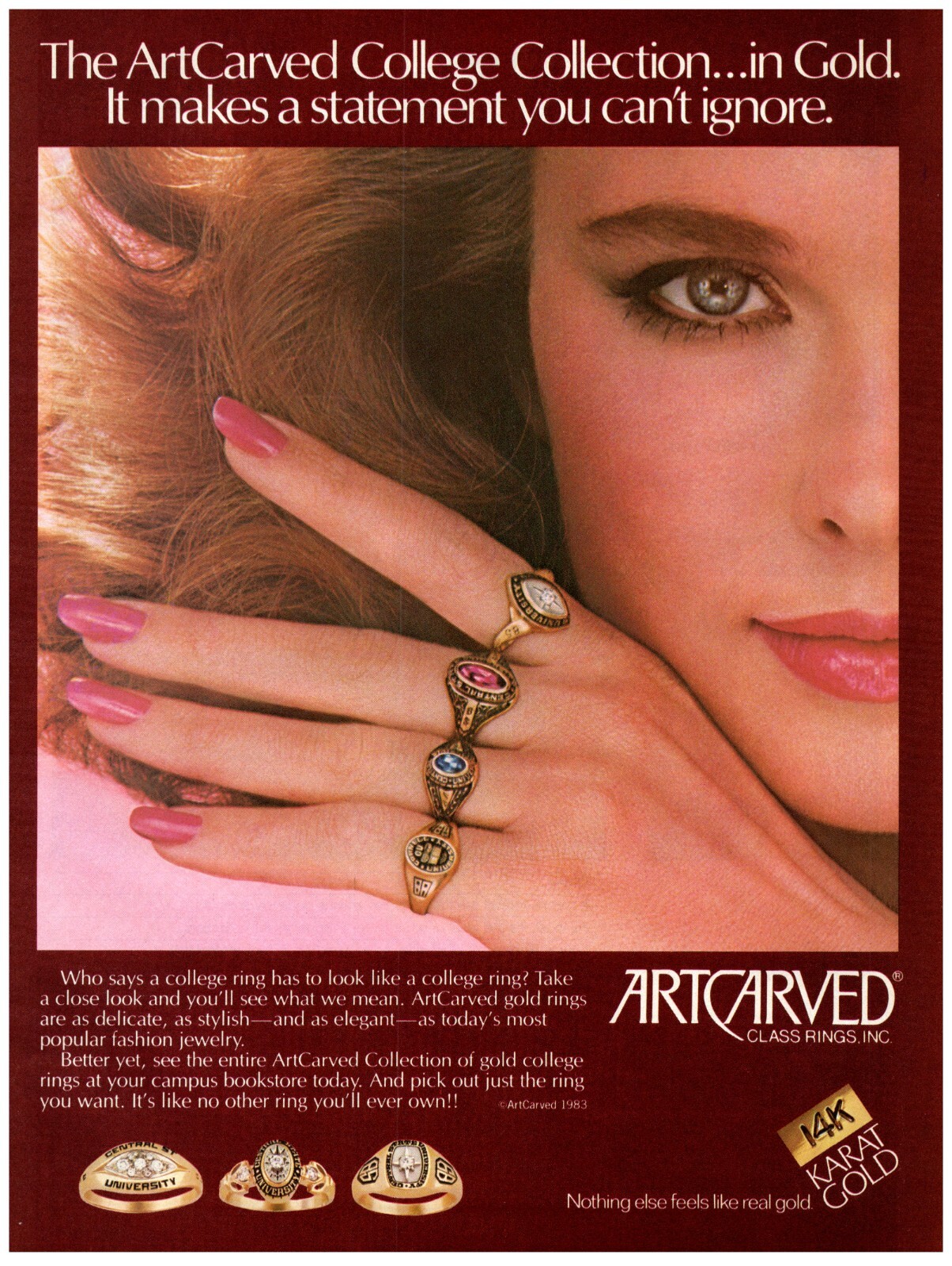 PRINT AD, ArtCarved Class Rings College Collection Cute 80\'s Model Hand Eye Ad