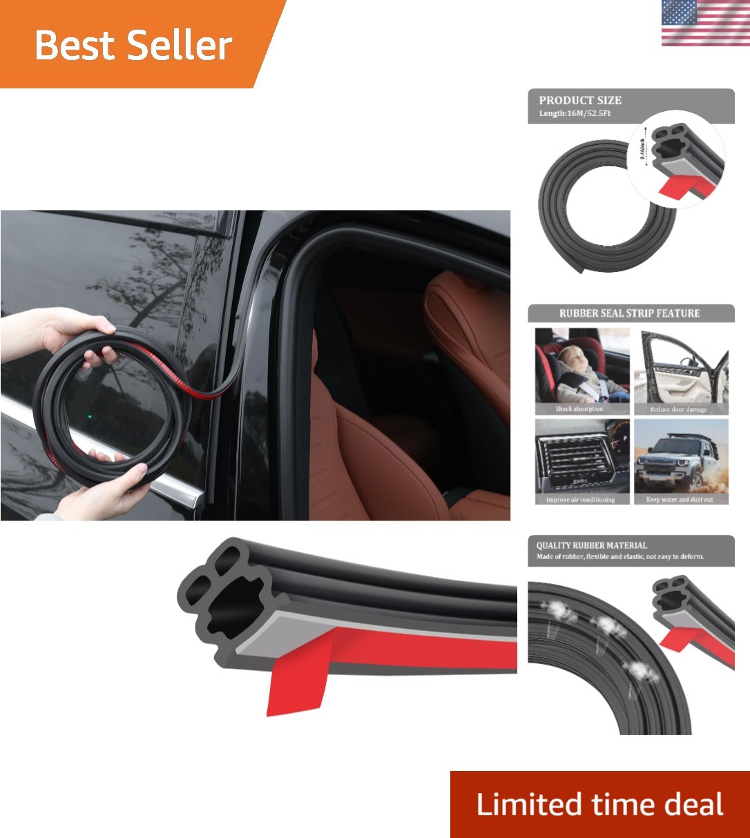 52.5Ft  Car Door Seal - Noise Reduction & Waterproof Weather Stripping