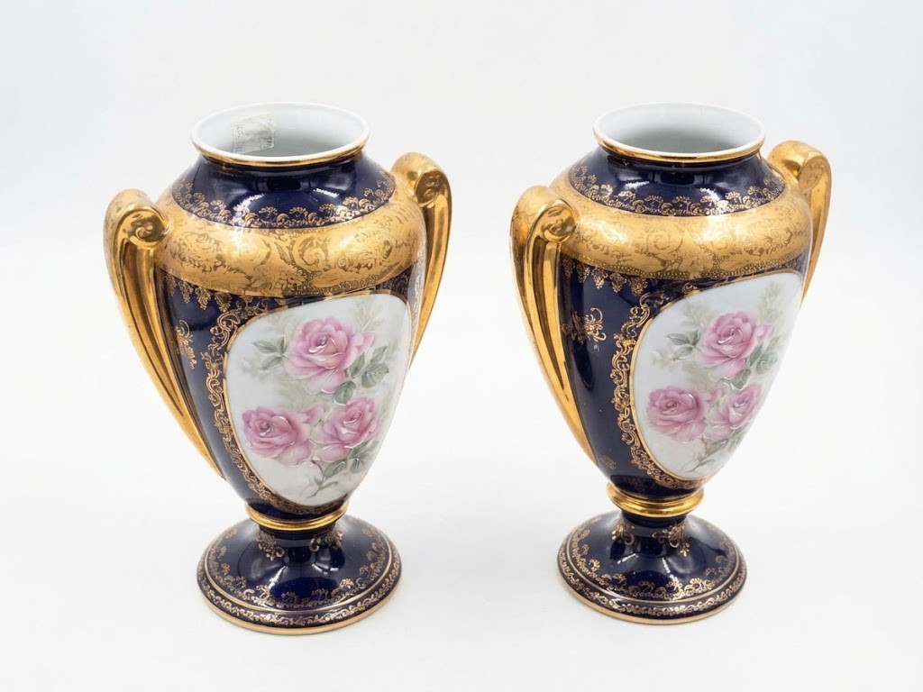 LARGE Pair of Limoges porcelain twin handled vases - Height 38.5cm