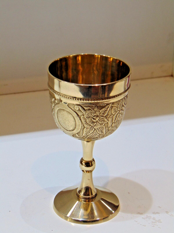 Solid 6’’ Brass Wine Goblet Glass Handmade Engraved Brass Embossed Chalice Goble