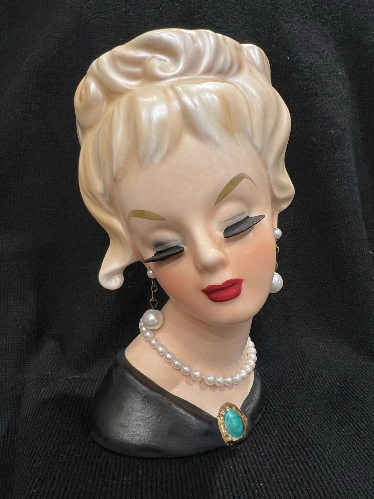 Vintage Lady Head Vase Inarco E-2254 with Faux Pearl Earrings and Necklace
