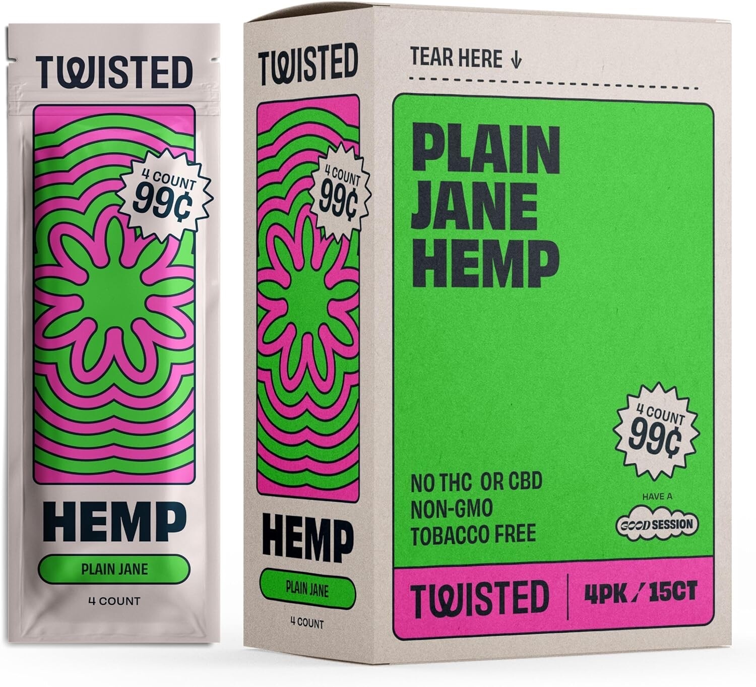 Twisted Hemp 4 Leaf per Pack 15 Count Box 60 Rolling Papers (Plain Jane)