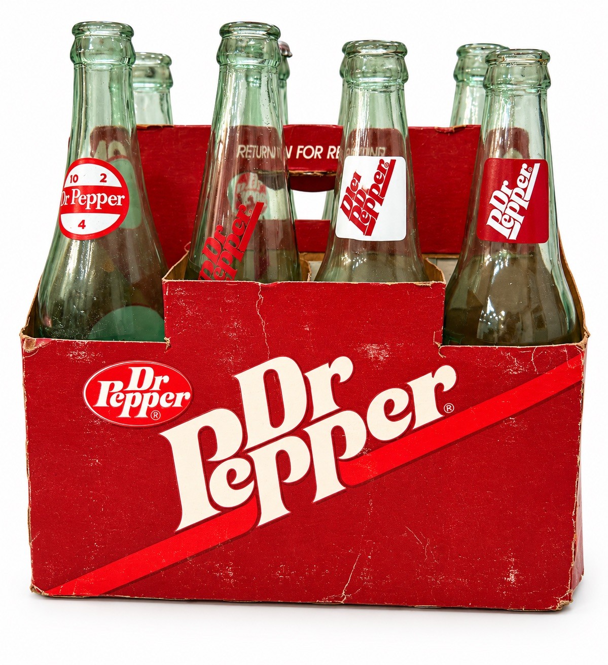 Vintage 1970s Dr Pepper Soda Bottle Carrier With 8 Empty DP Bottles 10 Oz