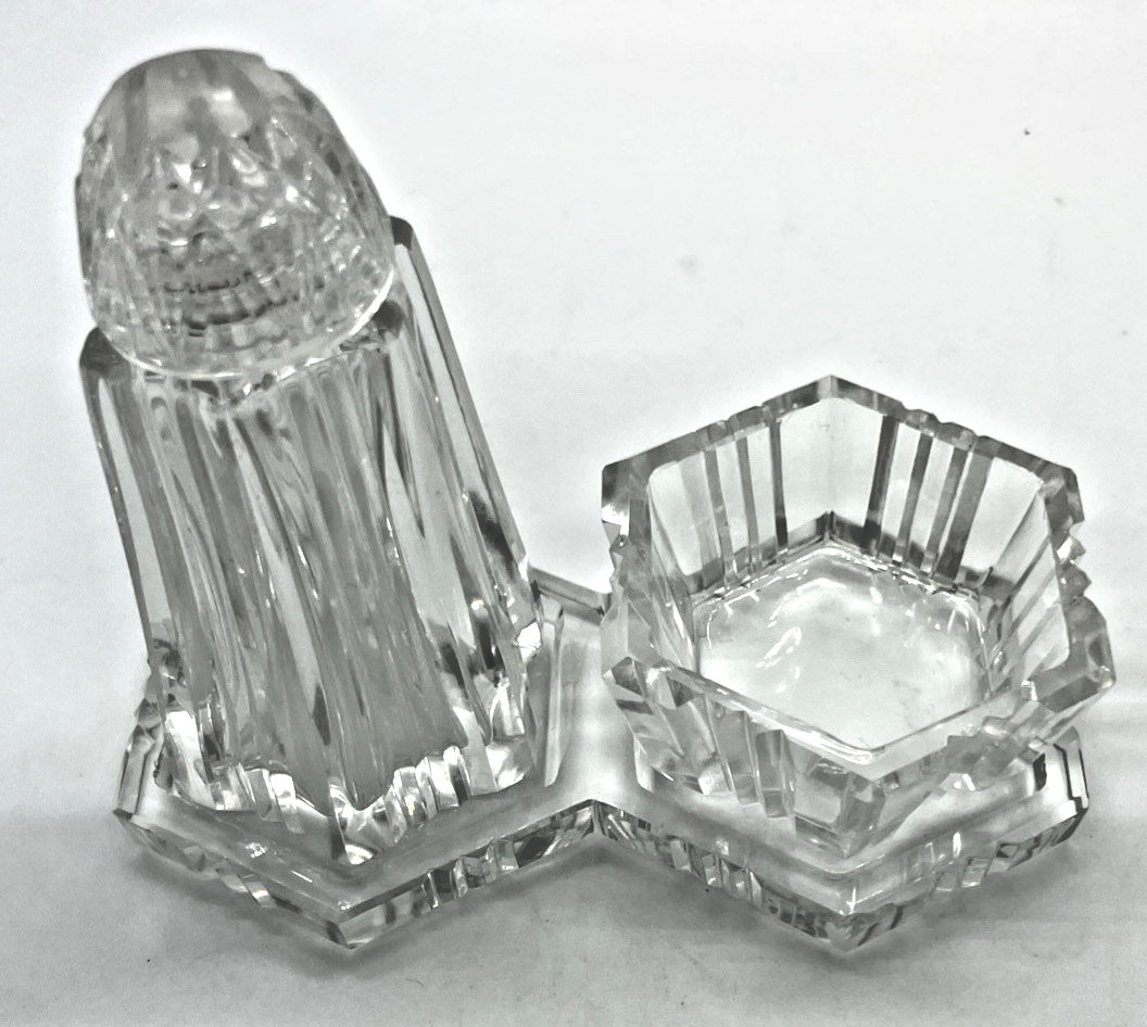 Antique 3 Pc Glass Condiment Set Threaded Glass Cap Shaker Salt Cellar Tray EAPG