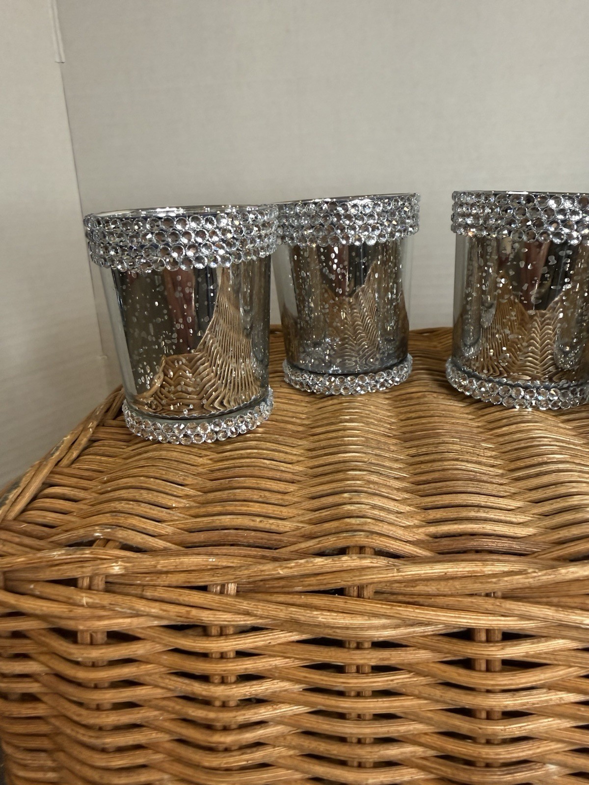 Rhinestone & Mercury Glass Votive Candle Holders Set of 4 Rhinestone & Mercury Glass Votive Candle Holders Set of 4