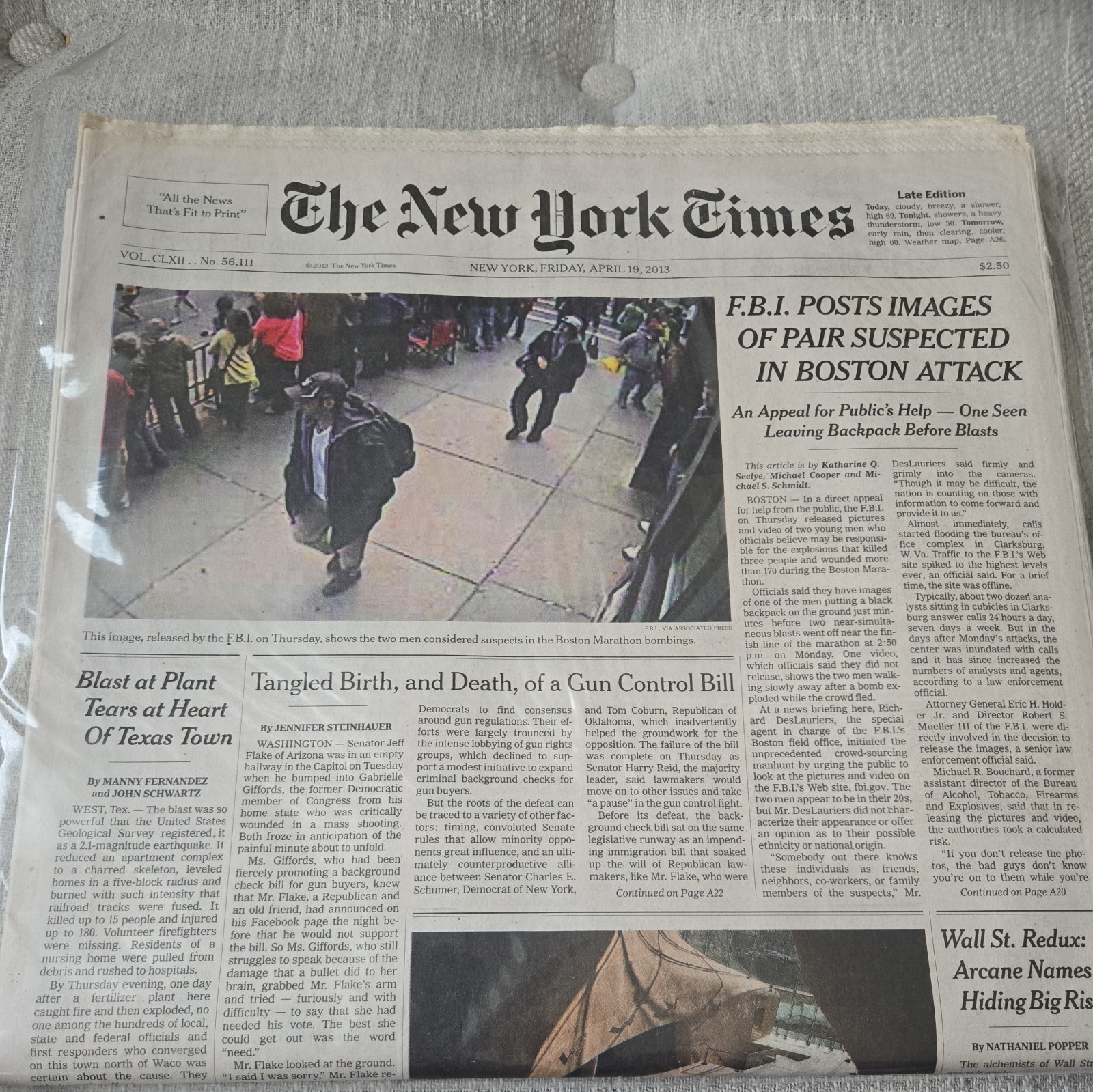 2013 APRIL 19 NEW YORK TIMES - BLASTS AT BOSTON MARATHON SUSPECTS 