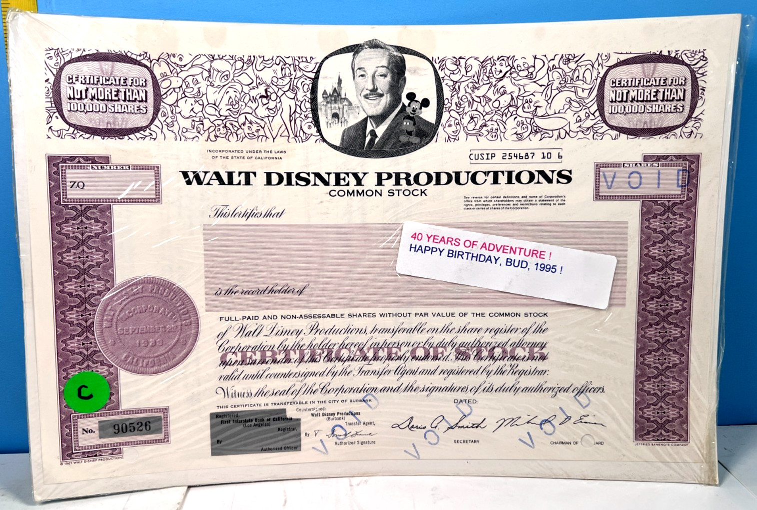 1967 Walt Disney Stock Certificate Sold for Walts Birthday 1995 @ Disneyland