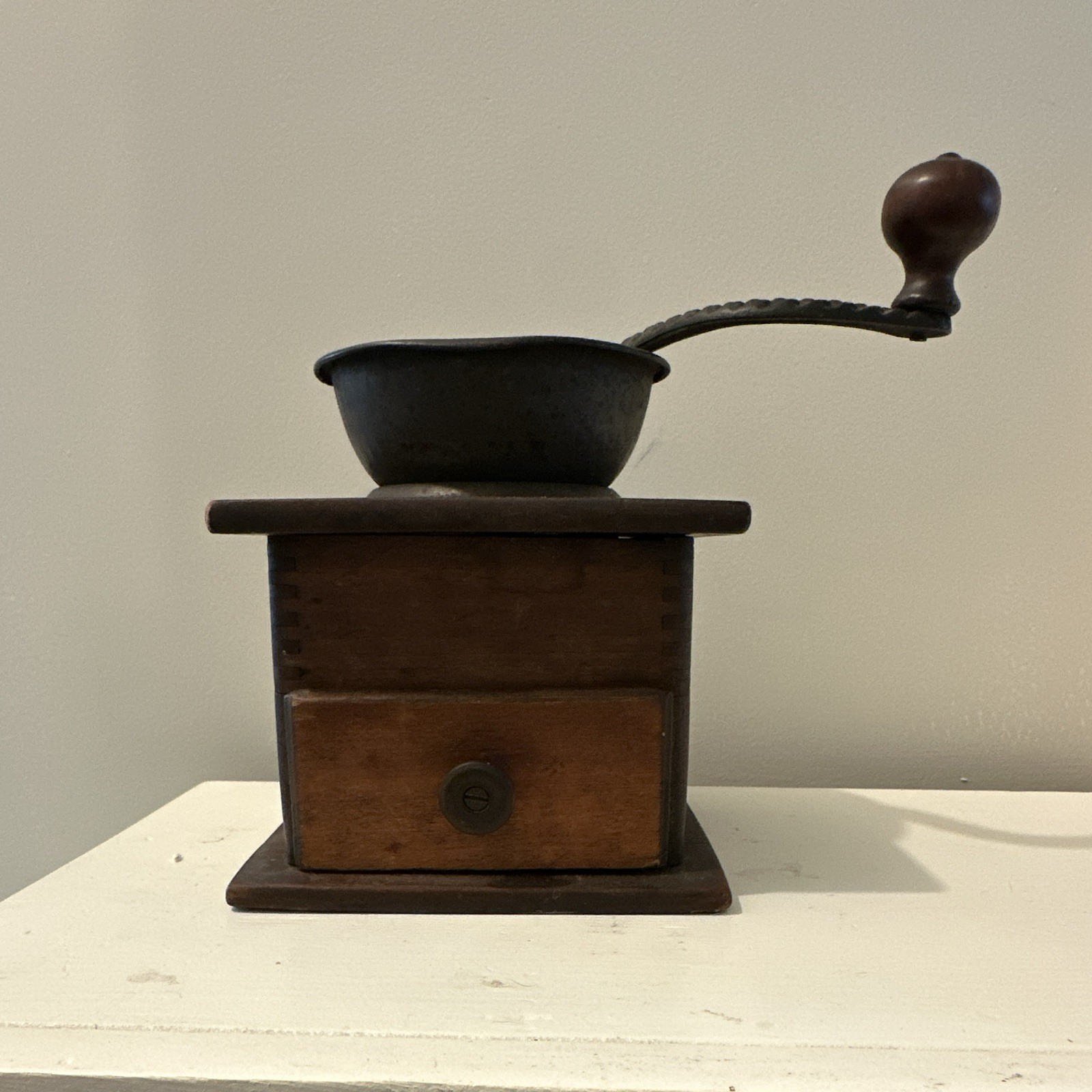 Antique Manual Coffee Grinder Wood/Metal Box w/ Drawer Built-In Container