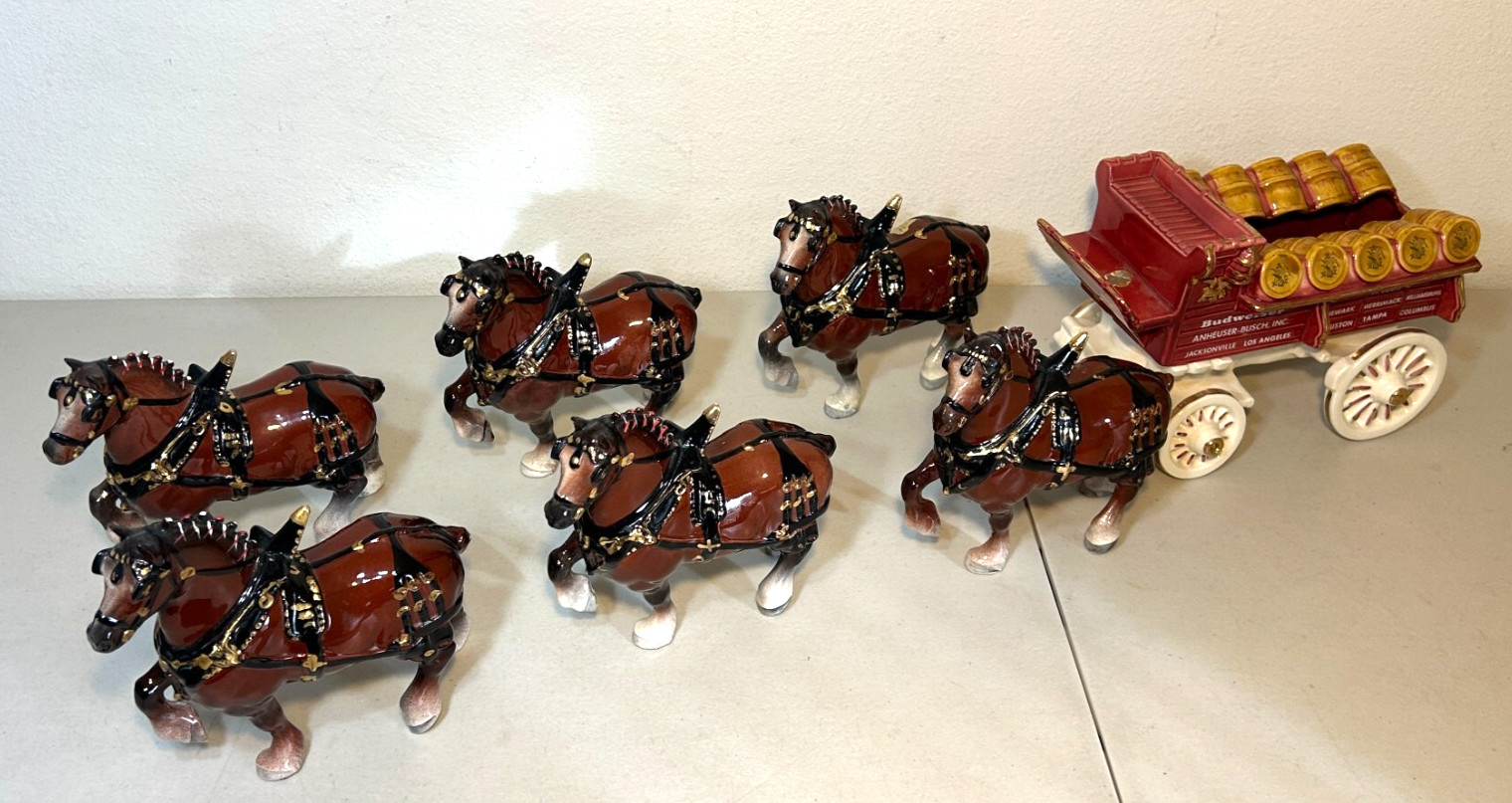 Vintage Poppytrail Metlox Budweiser Clydesdale Horse Team Beer Wagon 7 Pc