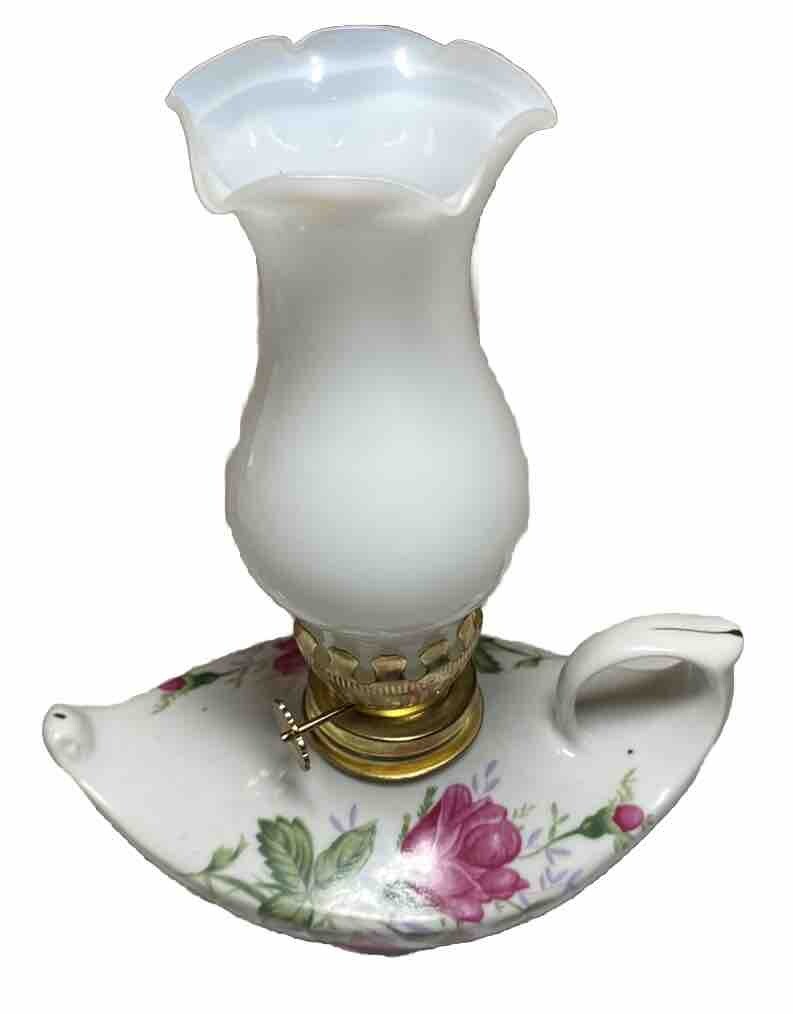 VTG Moss Rose Mini Aladdin Ceramic Porcelain Hurricane Oil Lamp Milk Glass Globe
