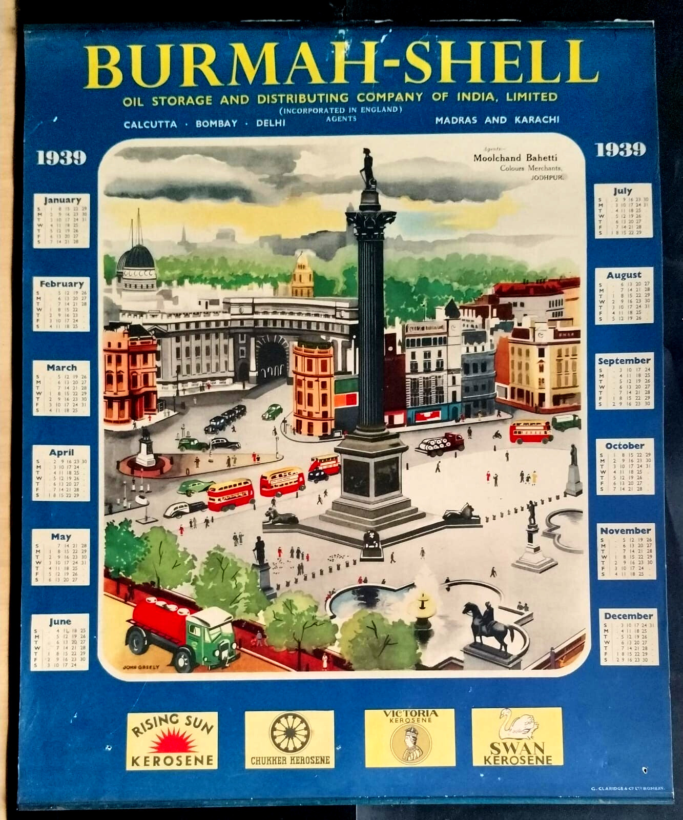 VINTAGE 1939 BURMAH SHELL ADVERTISEMENT CALENDAR WITH BUS TRUCH CAR PICTURE