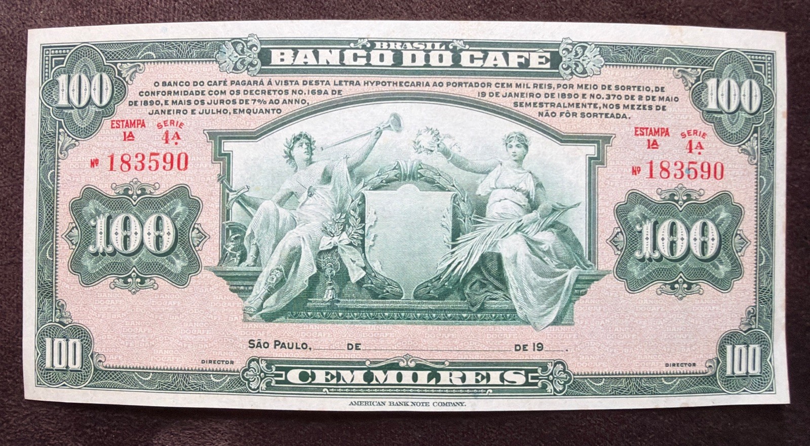 ND 1929 Brazil Banco do Café 100 Mil Reis Banknote Red Serial 183590-P#S541
