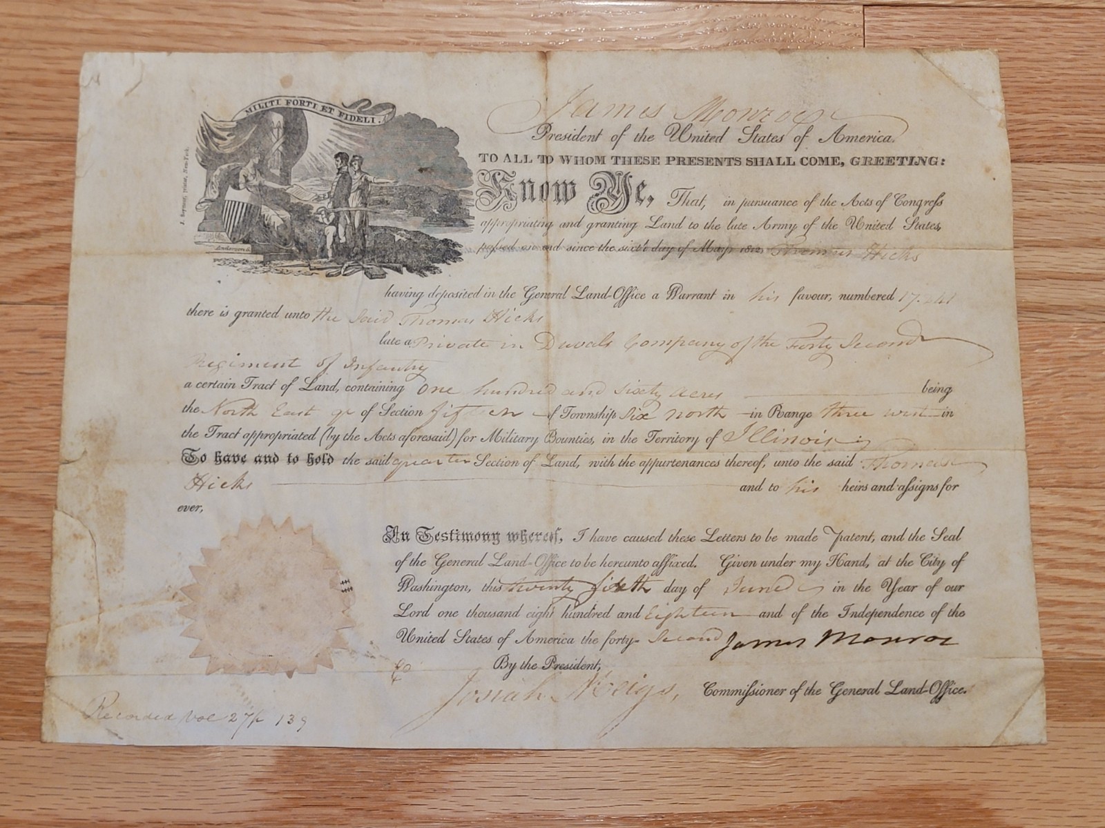 RARE President James Monroe HAND SIGNED 1818 Document Military Award Land Grant