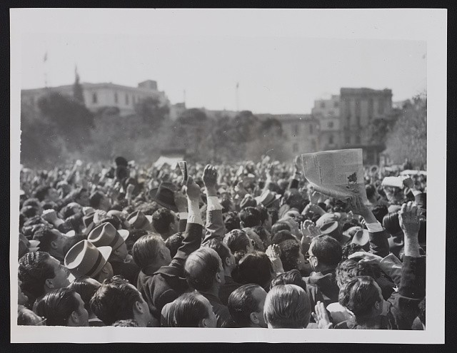 Athens Greece 1950 Greek Political Meeting Constitution Square Crowd Newspapers
