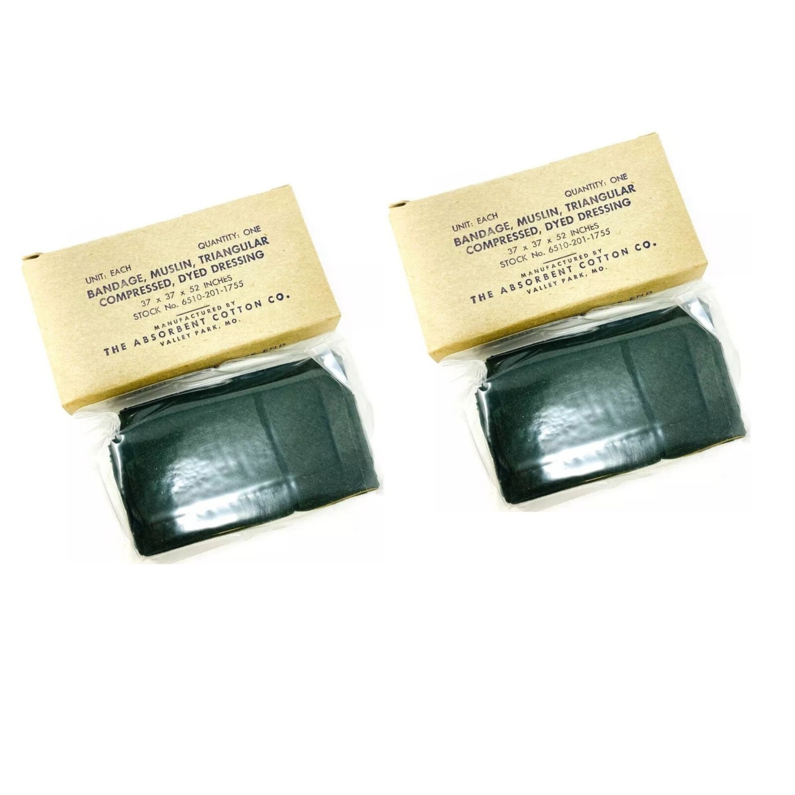 Rare USGI 6510-201-1755 Triangular Muslin Bandage Camo 37x37x52 in 1956, 2 Pcs Rare USGI 6510-201-1755 Triangular Muslin Bandage Camo 37x37x52 in 1956, 2 Pcs
