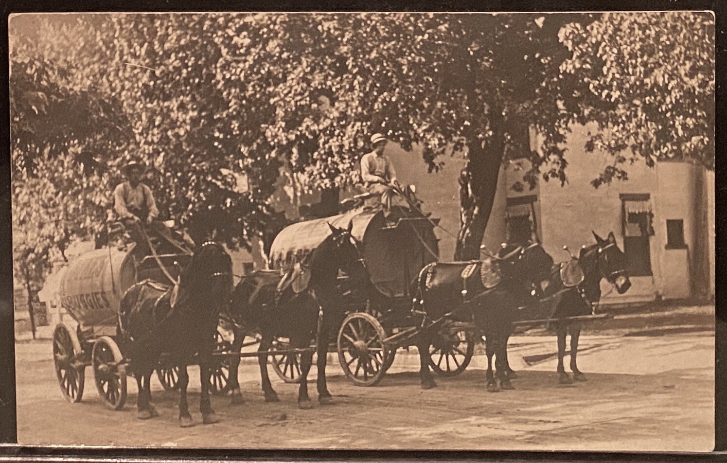 Real Photo 2 Horse Drawn Delivery Wagons~Oil Tank & Wood Barrel RPPC Postcard