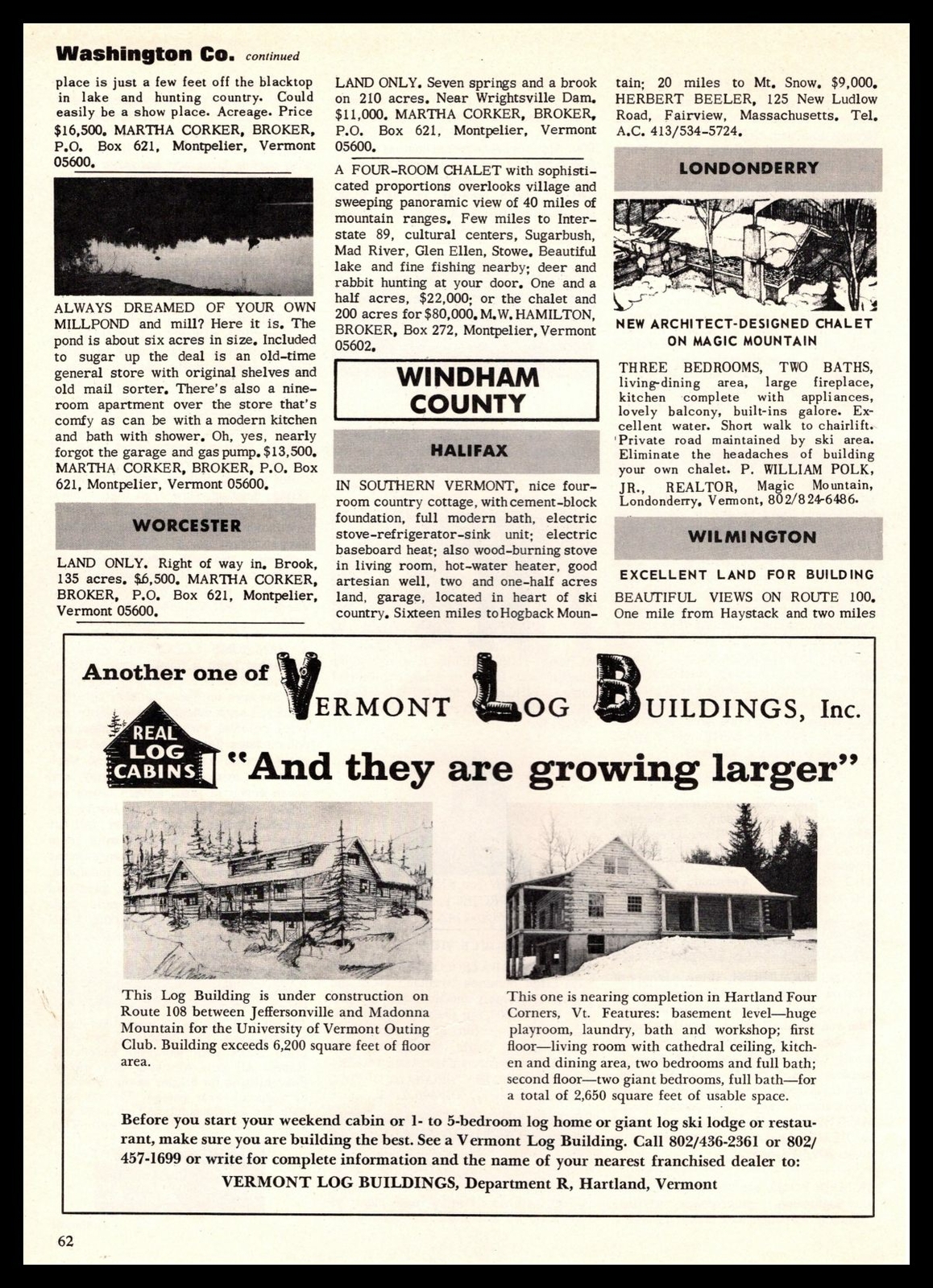 1967 Vermont Log Buildings Inc Hartland Four Corners & Madonna Mountain Print Ad