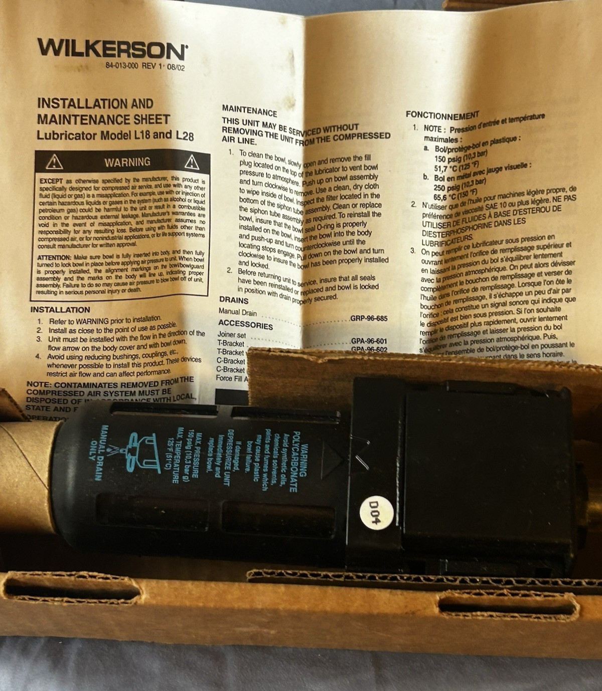 NEW IN BOX WILKERSON PNUEMATIC LUBRICATOR L18-03-LK00 NEXT DAY SHIPPING